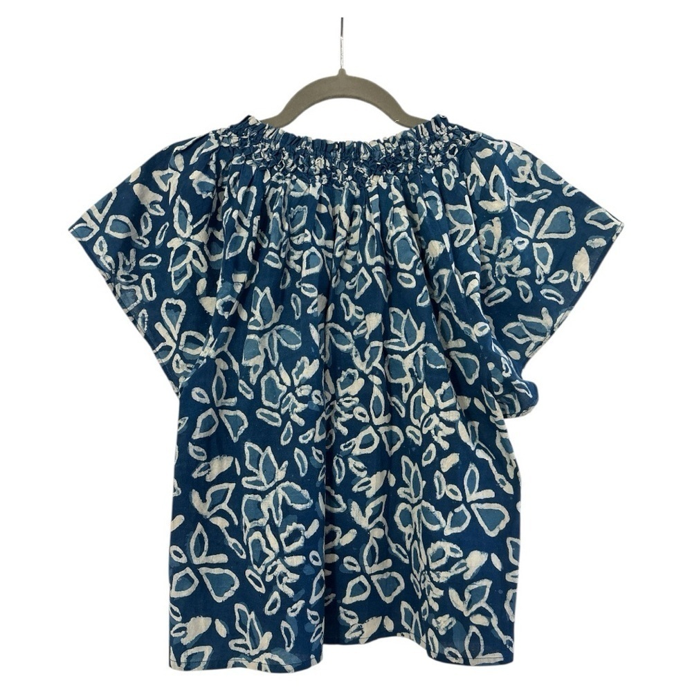 Apiece Apart Patricia Flutter Sleeve Floras Dabu Indigo Blouse Size Small - Picture 8 of 9